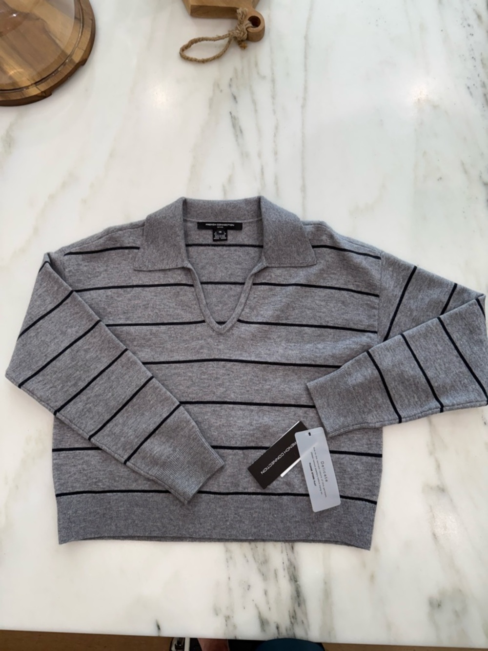 French Connection Gray Striped Collared V-Neck Sweater - Picture 4 of 5